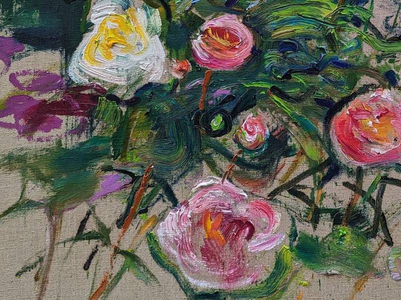 "Peonies on linen" Impressionistic Painting Helen Shukina - Subjektiv.art