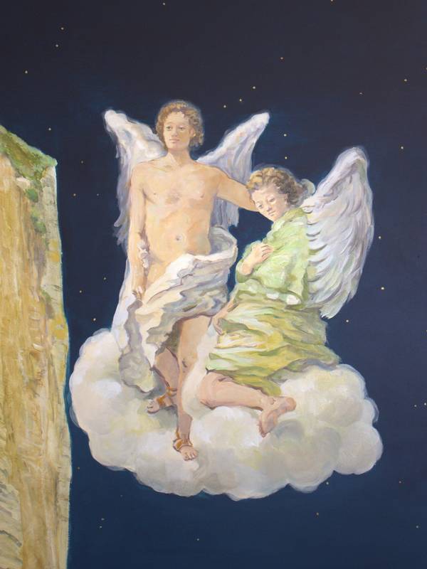 La visite de deux anges à Marie et Joseph pendant une nuit d'été étoilée, bien avant que le temps soit compté. Surrealistic Painting francois page - Subjektiv.art