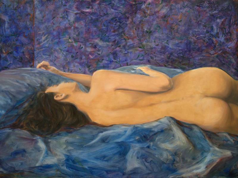 Dans la chambre bleue, ton corps parfois s’endormait comme une vague dans l'océan. Mon œil s’y promenait, d’une course errante à travers l’immense idéal. Fine Art Painting francois page - Subjektiv.art