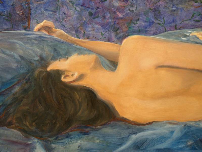 Dans la chambre bleue, ton corps parfois s’endormait comme une vague dans l'océan. Mon œil s’y promenait, d’une course errante à travers l’immense idéal. Fine Art Painting francois page - Subjektiv.art