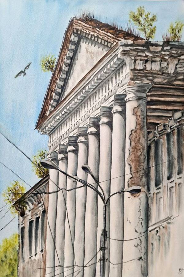 House with columns Expressive and gestural Painting Olena Yemelianova - Subjektiv.art