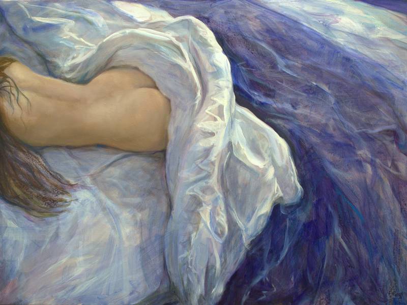 Dans ces draperies pleines de nuits, ton corps, un paysage. J'y voyageais en géographe. Fine Art Painting francois page - Subjektiv.art