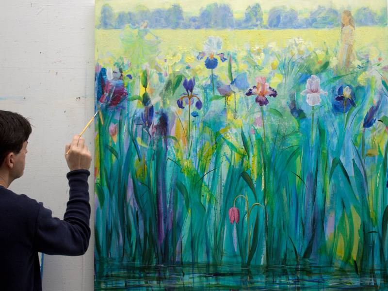 Titre : Au soleil des jeunes filles en fleurs huile sur toile 120cm x 120cm François Pagé 2025 Fine Art Painting francois page - Subjektiv.art