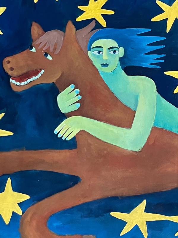 Night Ride Through the Stars Naive Painting Oksana Fedchyshyn - Subjektiv.art