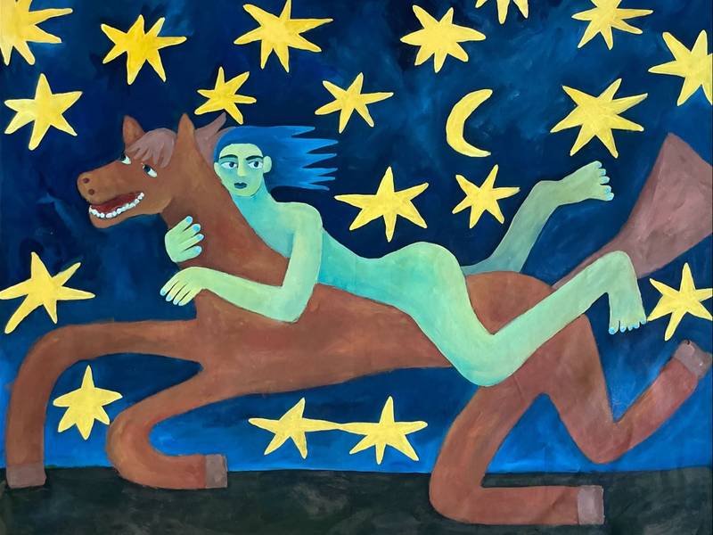 Night Ride Through the Stars Naive Painting Oksana Fedchyshyn - Subjektiv.art