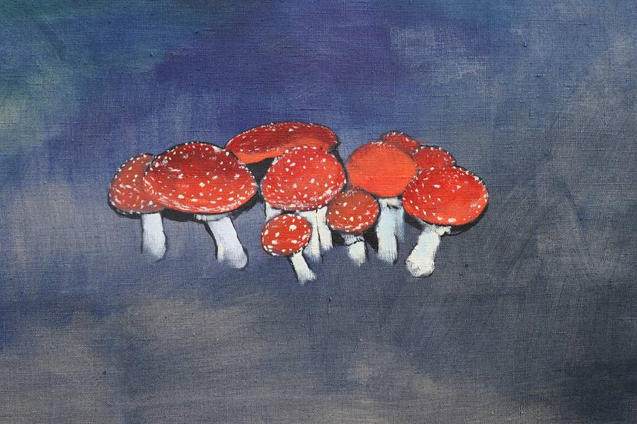 Young Family of Fly Agarics Modern Painting Artem Andreichuk - Subjektiv.art