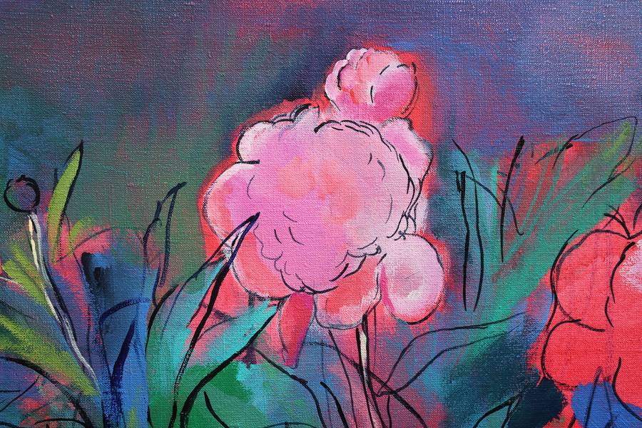 Neon Cow and Peony Bush Impressionistic Painting Artem Andreichuk - Subjektiv.art