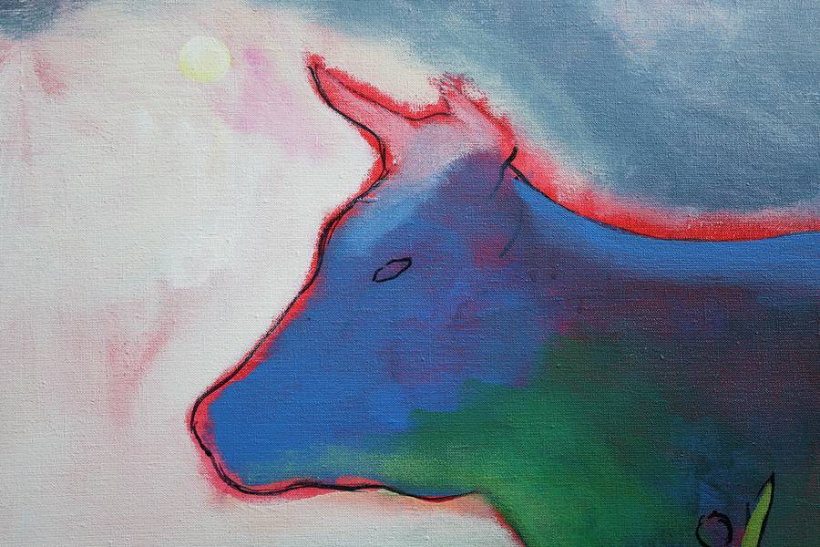 Neon Cow and Peony Bush Impressionistic Painting Artem Andreichuk - Subjektiv.art