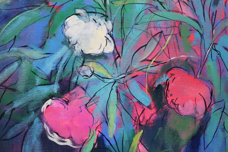 Neon Cow and Peony Bush Impressionistic Painting Artem Andreichuk - Subjektiv.art